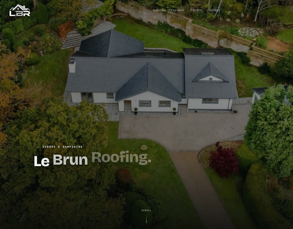 The Le Brun Roofing website: a drone photo of a finished roof with the firm's name over it