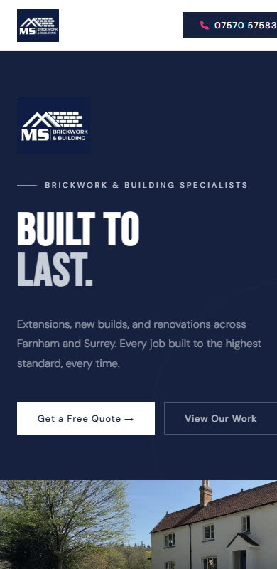 The MS Brickwork and Building website shown on a phone
