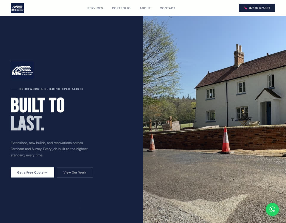 The MS Brickwork and Building website: a navy hero reading Built To Last beside a photo of a finished wall